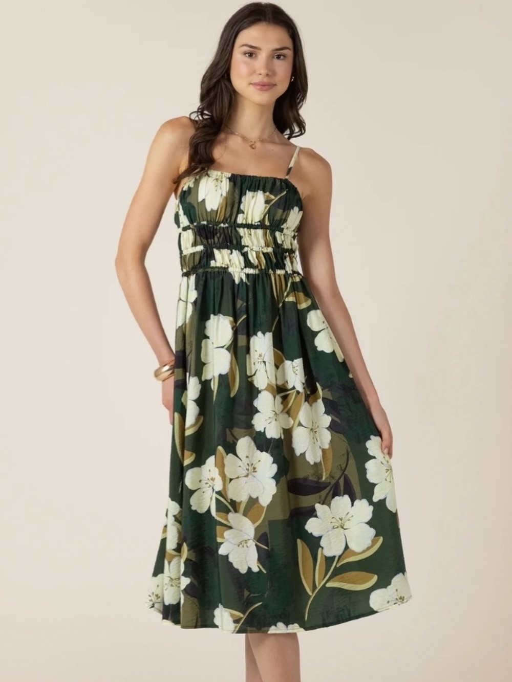 DEX - NWT -  Green Floral Dress - White Blossom Pattern